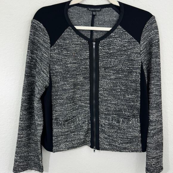 Eileen Fisher Womens Jacket Size M Tweed Knit Cotton Blend Black - Picture 1 of 6